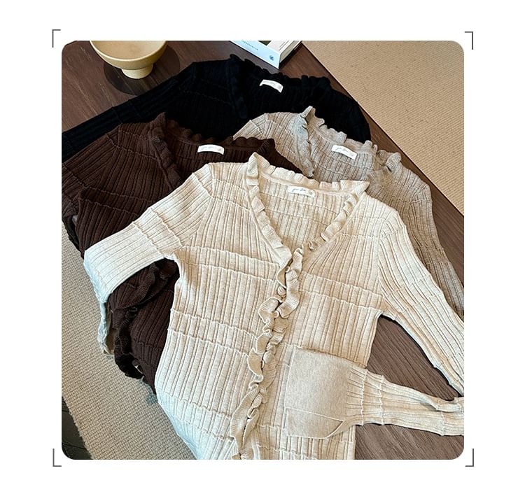 V-Neck Plain Ruffle Ribbed Cardigan