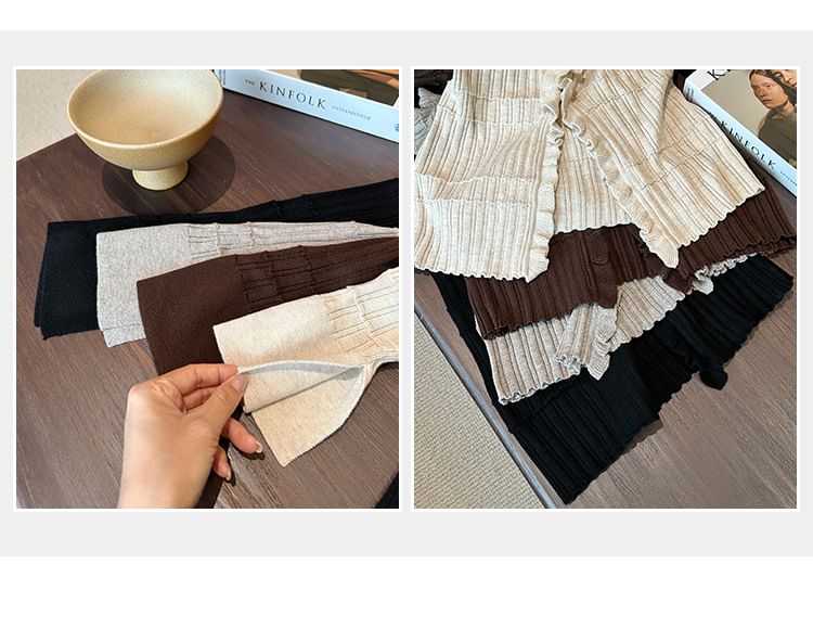V-Neck Plain Ruffle Ribbed Cardigan