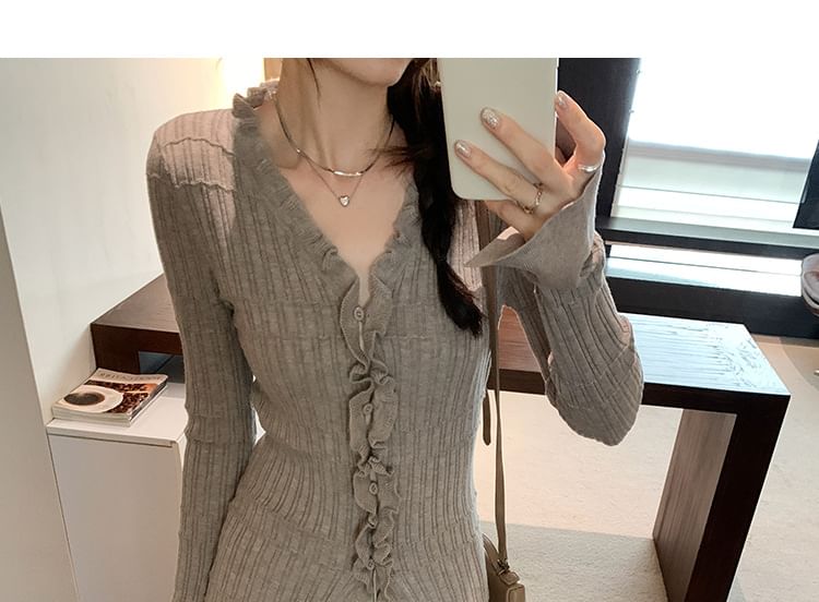 V-Neck Plain Ruffle Ribbed Cardigan