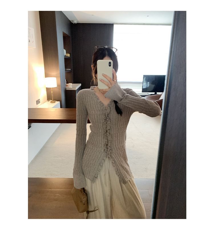 V-Neck Plain Ruffle Ribbed Cardigan