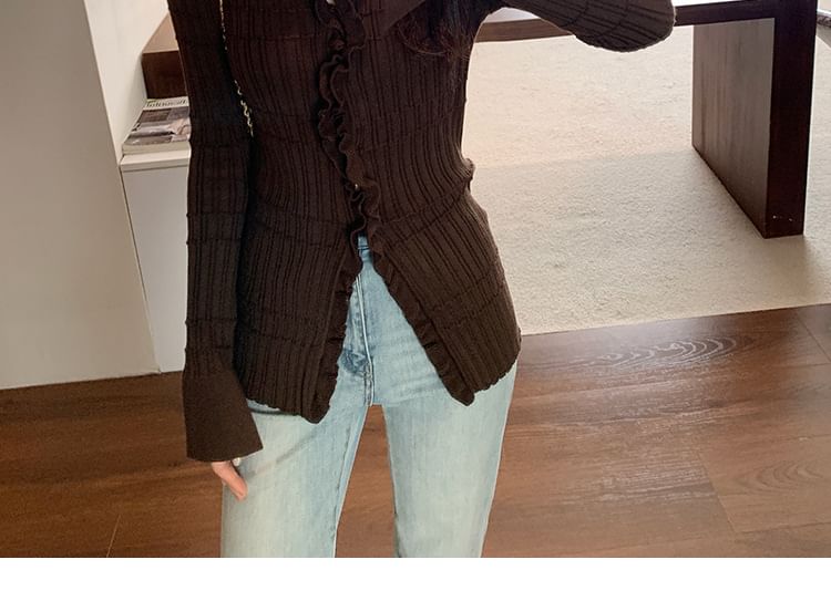 V-Neck Plain Ruffle Ribbed Cardigan