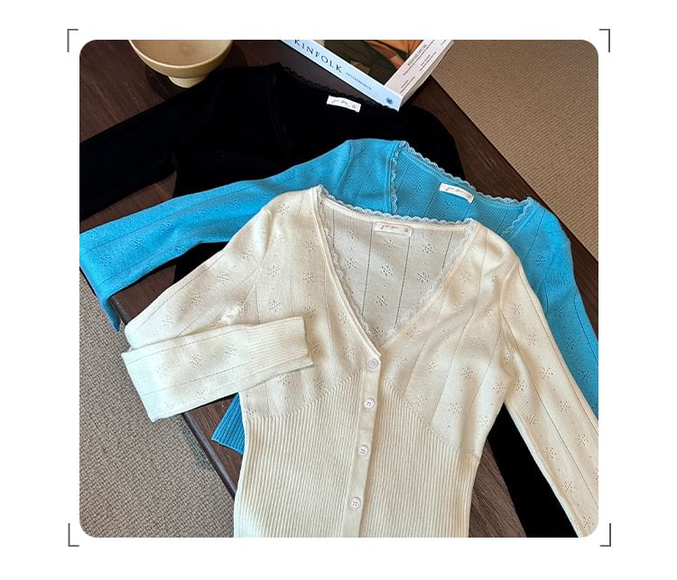 V-Neck Plain Pointelle Lace Trim Cardigan