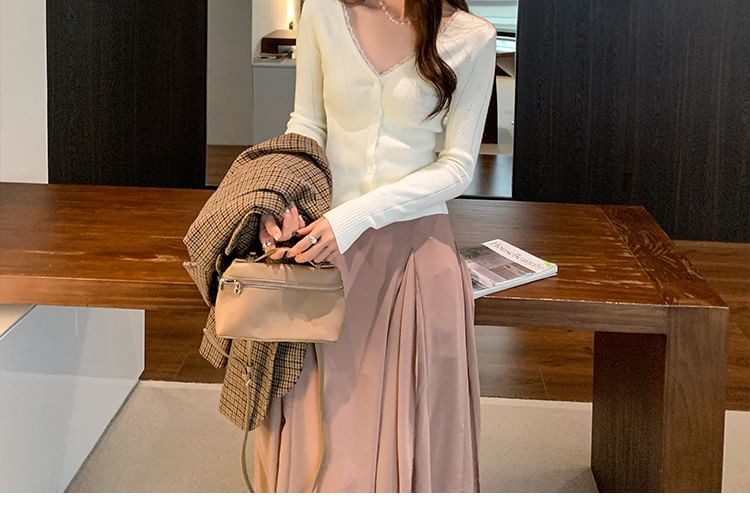 V-Neck Plain Pointelle Lace Trim Cardigan