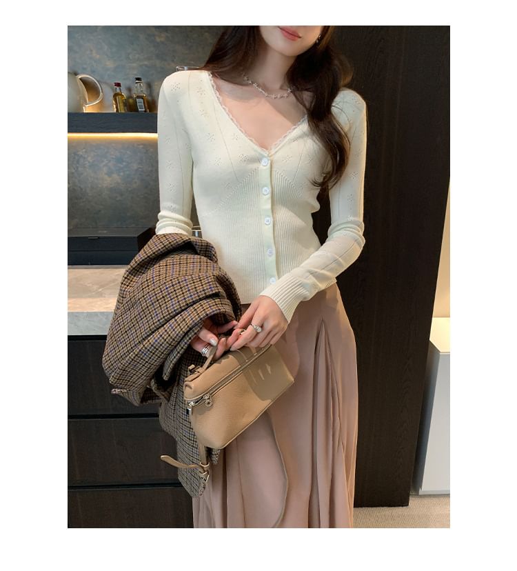 V-Neck Plain Pointelle Lace Trim Cardigan