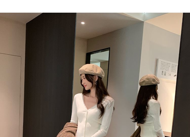 V-Neck Plain Pointelle Lace Trim Cardigan