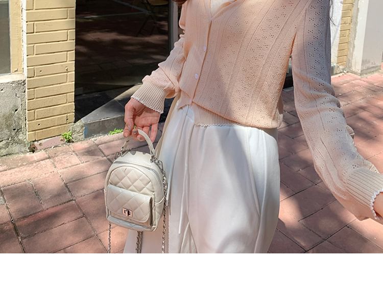 Set: Round Neck Contrast Trim Pointelle Cardigan + Plain Camisole Top