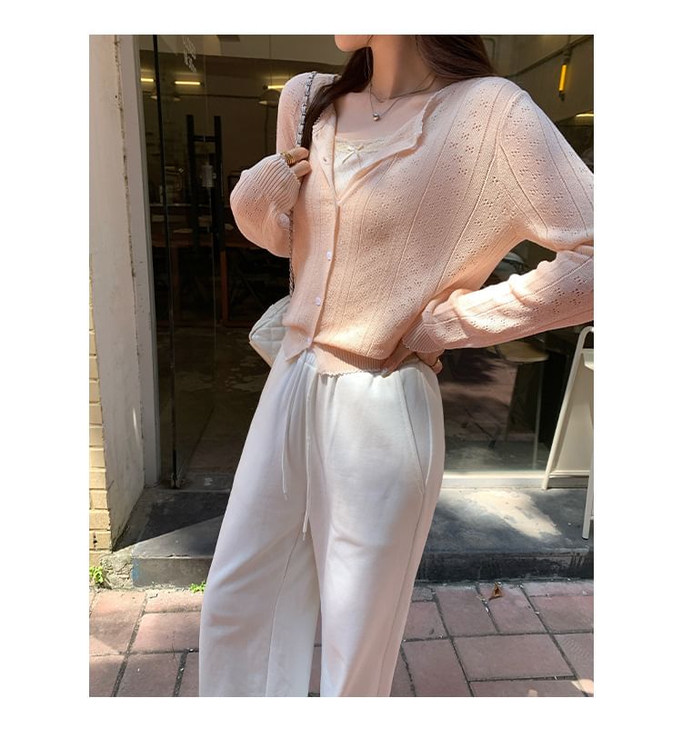 Set: Round Neck Contrast Trim Pointelle Cardigan + Plain Camisole Top