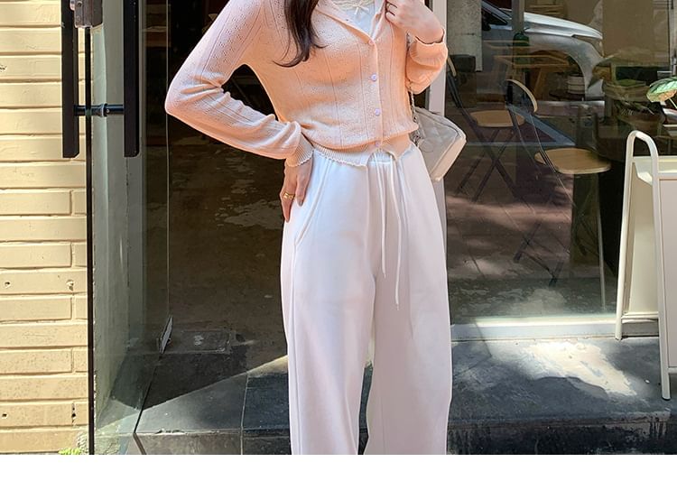 Set: Round Neck Contrast Trim Pointelle Cardigan + Plain Camisole Top