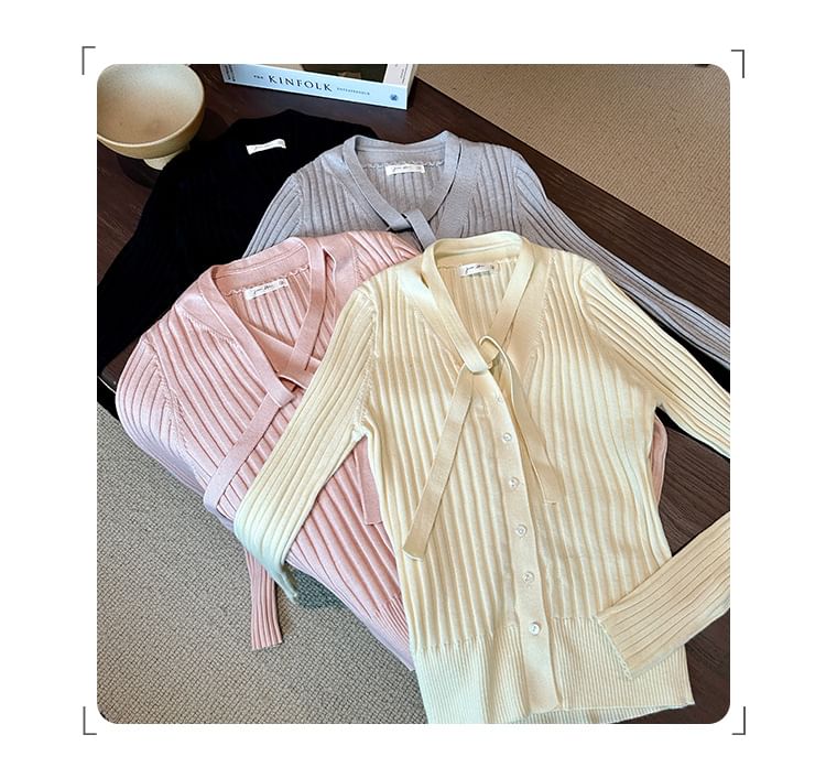 V-Neck Plain Sash Ribbed Cardigan