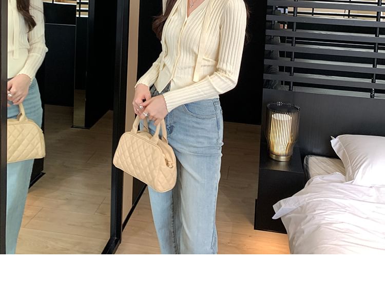 V-Neck Plain Sash Ribbed Cardigan
