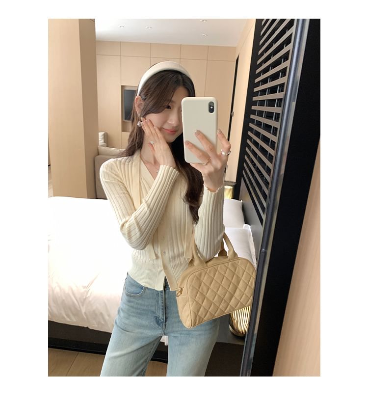 V-Neck Plain Sash Ribbed Cardigan