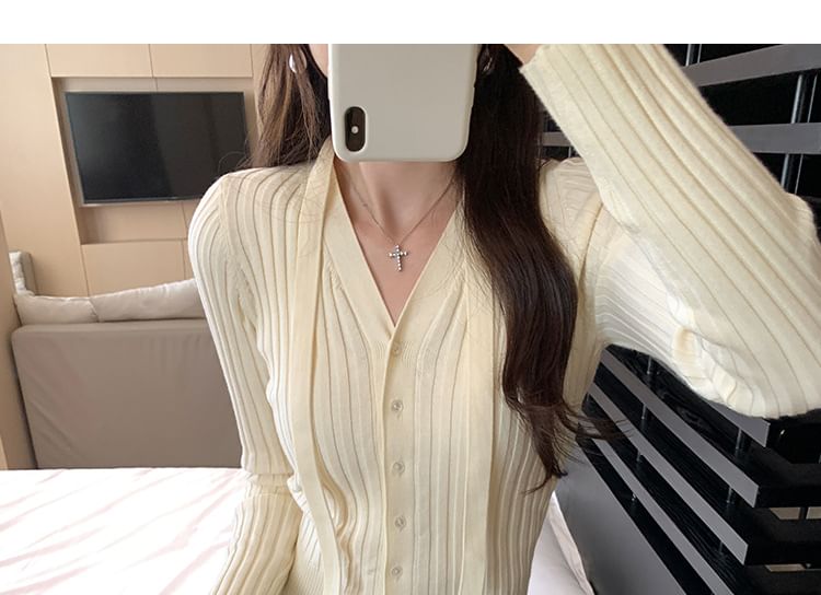 V-Neck Plain Sash Ribbed Cardigan