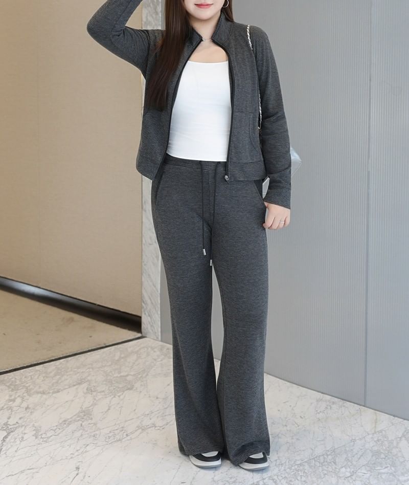Plain Zip-Up Cardigan / Flared Pants