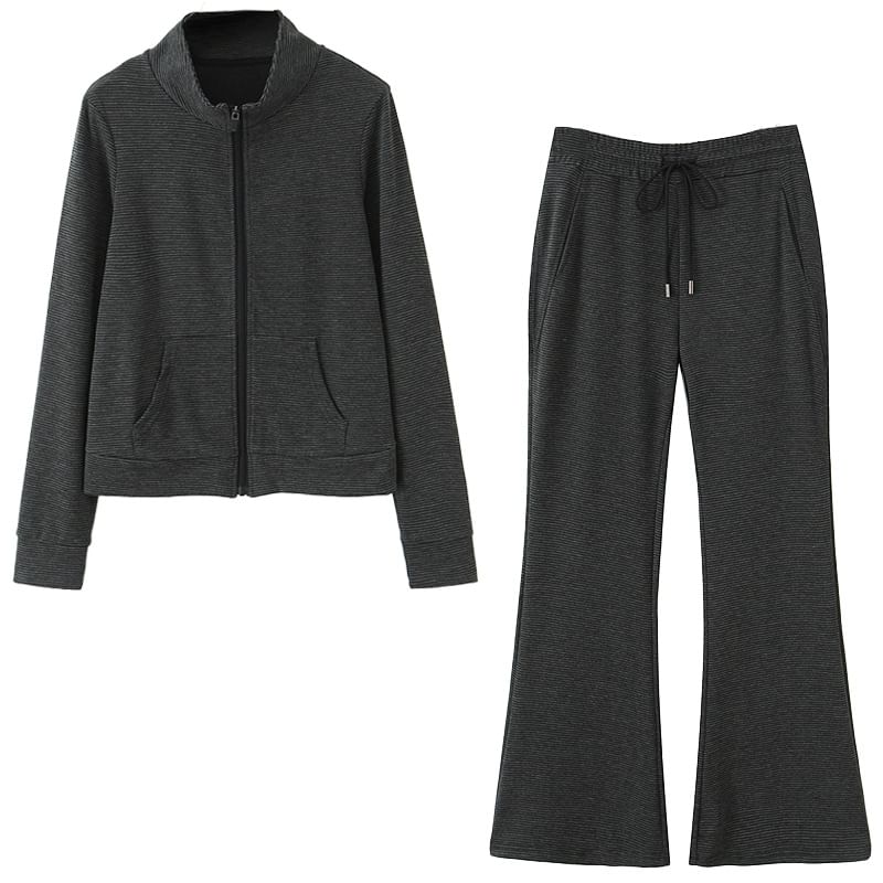 Plain Zip-Up Cardigan / Flared Pants
