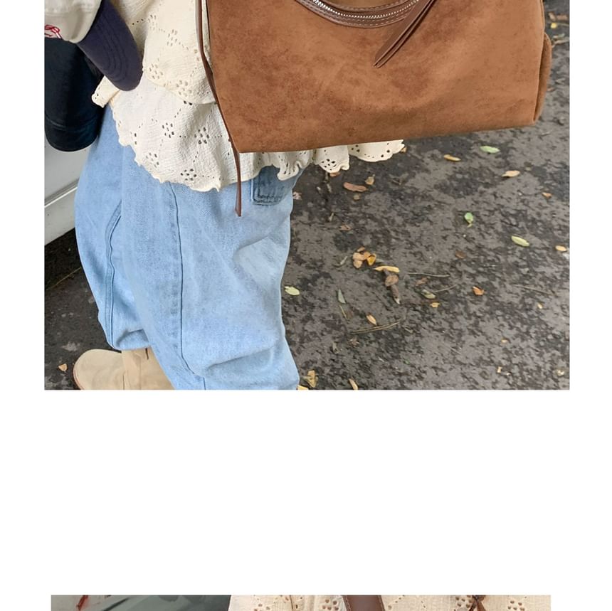 Faux Suede Plain Zip Shoulder Bag