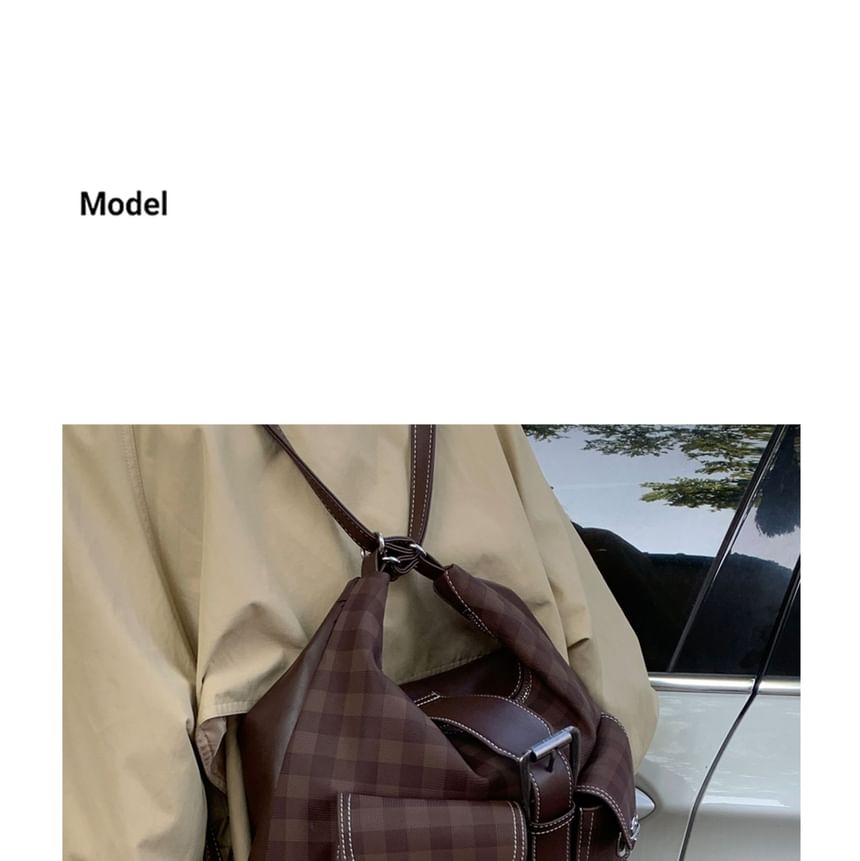 Faux Leather Panel Plaid Shoulder Bag