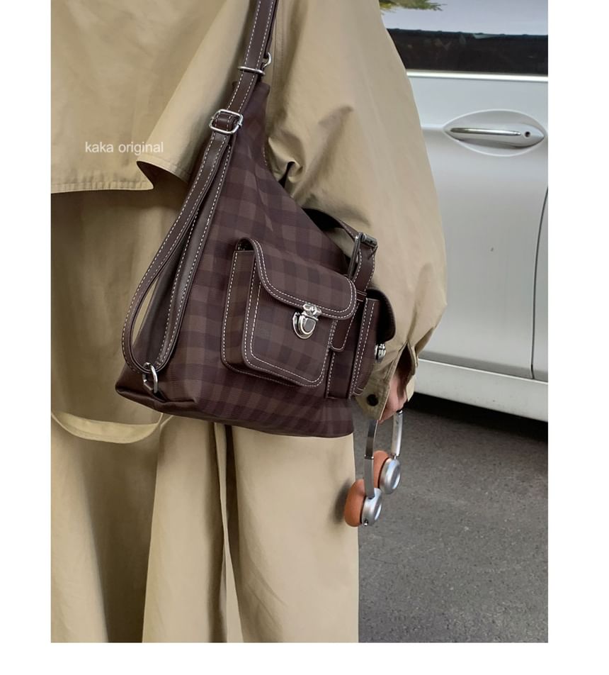 Faux Leather Panel Plaid Shoulder Bag