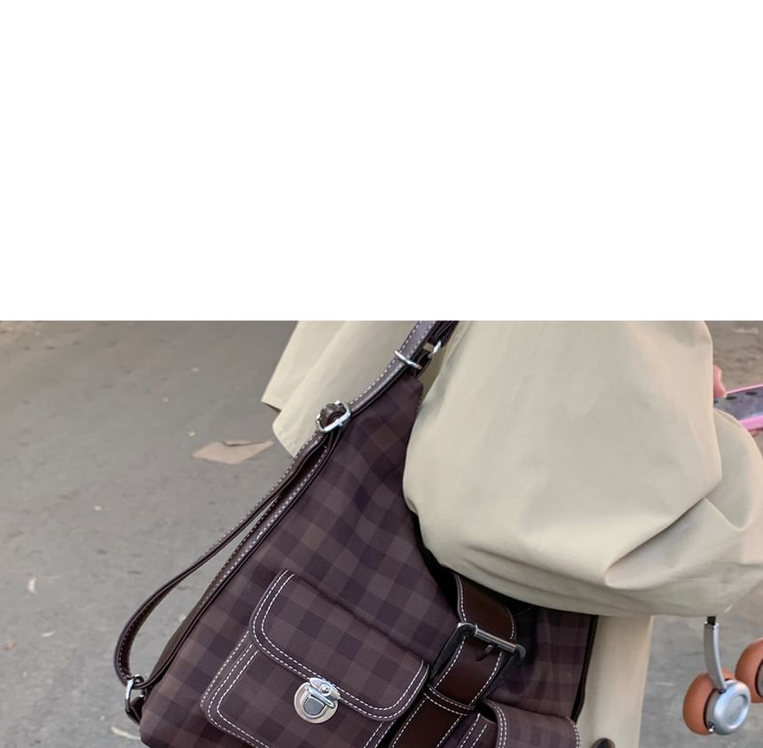 Faux Leather Panel Plaid Shoulder Bag