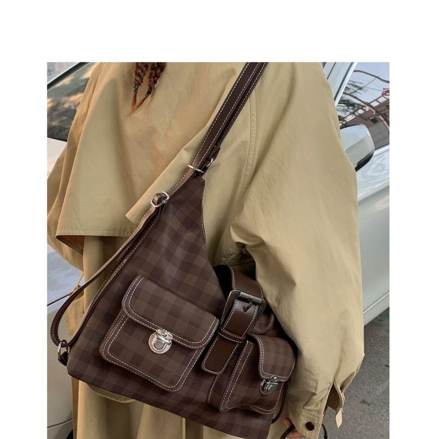 Faux Leather Panel Plaid Shoulder Bag