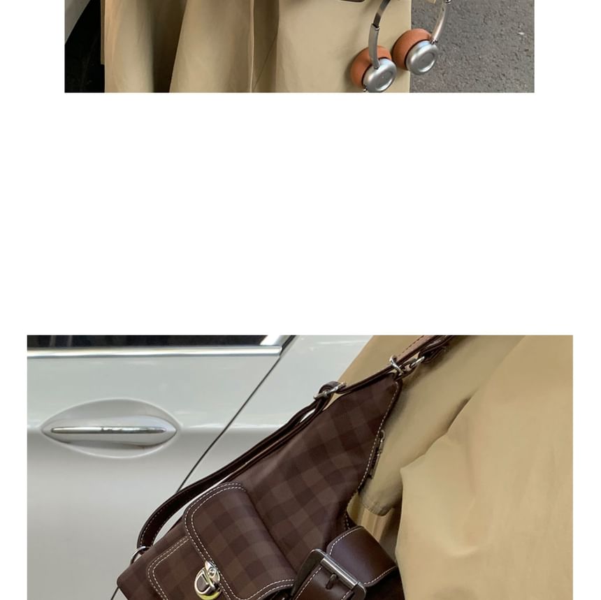 Faux Leather Panel Plaid Shoulder Bag