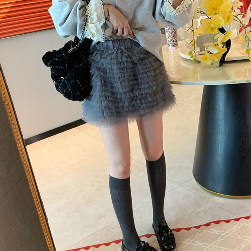 Elastic Waist Plain Sheer Mini Skirt