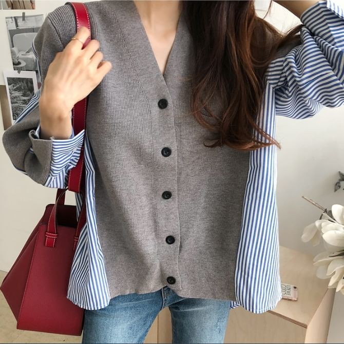 V-Neck Striped Panel Button Up Cardigan