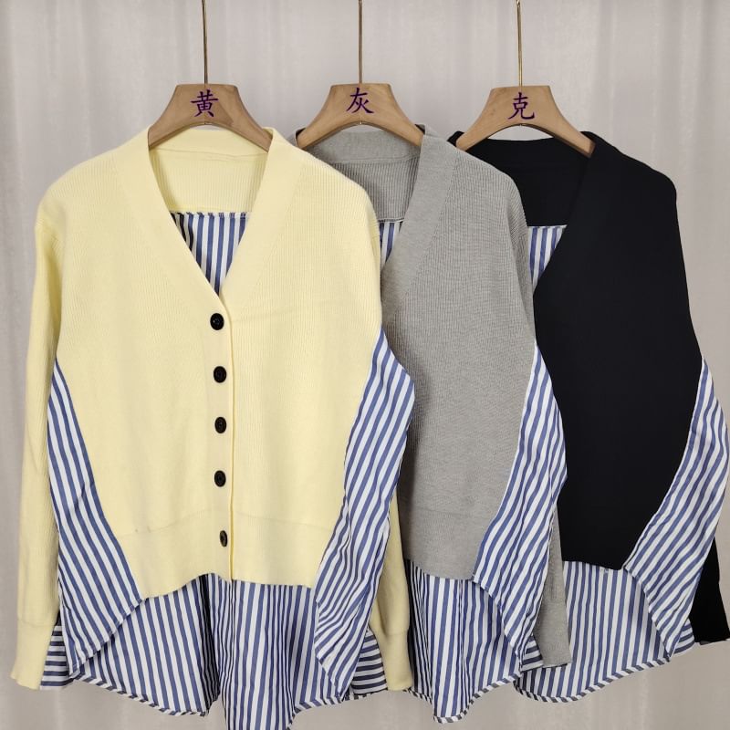 V-Neck Striped Panel Button Up Cardigan