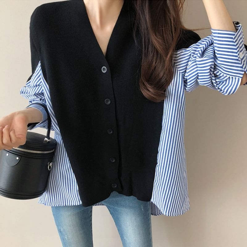 V-Neck Striped Panel Button Up Cardigan