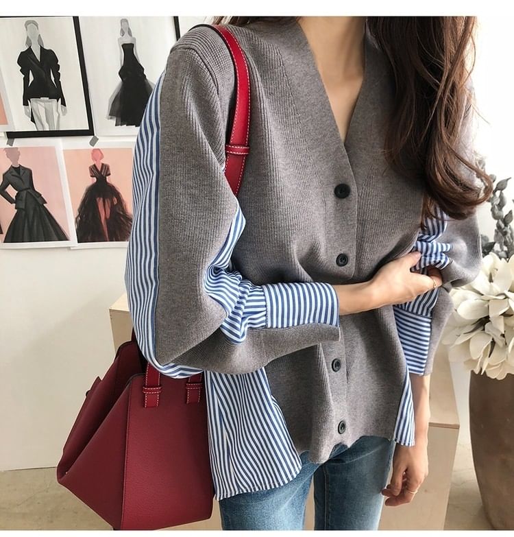 V-Neck Striped Panel Button Up Cardigan