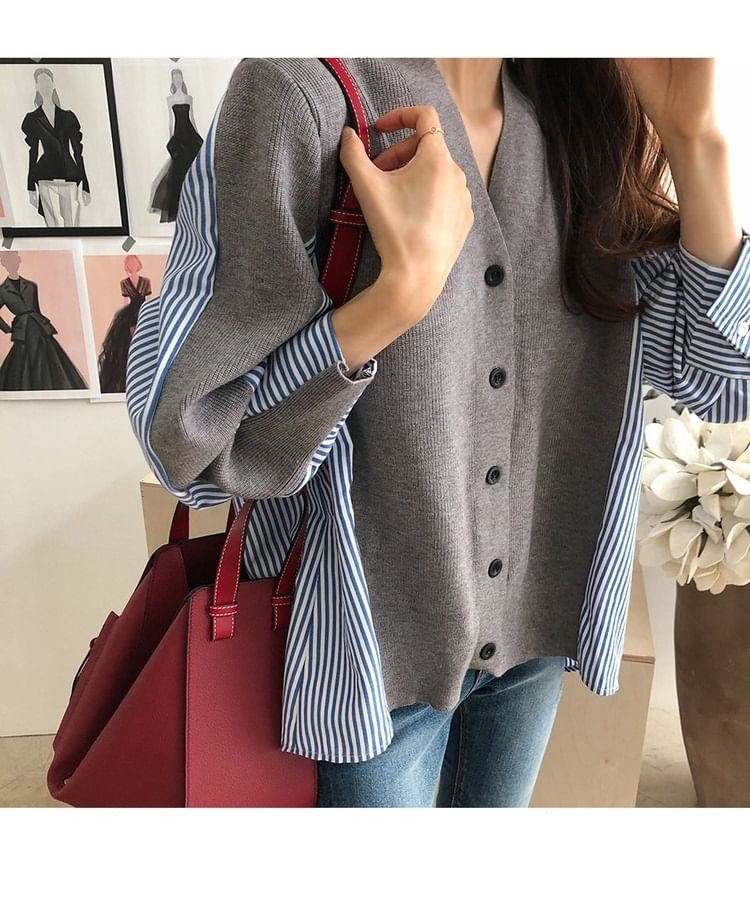 V-Neck Striped Panel Button Up Cardigan
