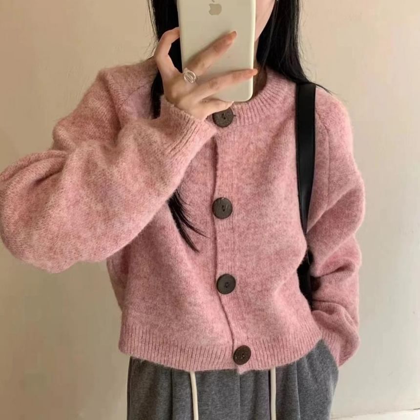 Round Neck Drop Shoulder Plain Button Up Cardigan