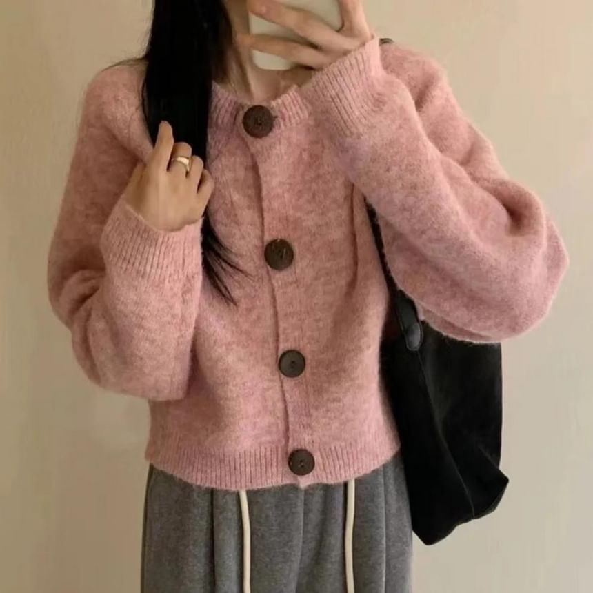Round Neck Drop Shoulder Plain Button Up Cardigan