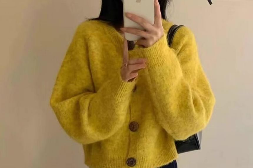 Round Neck Drop Shoulder Plain Button Up Cardigan