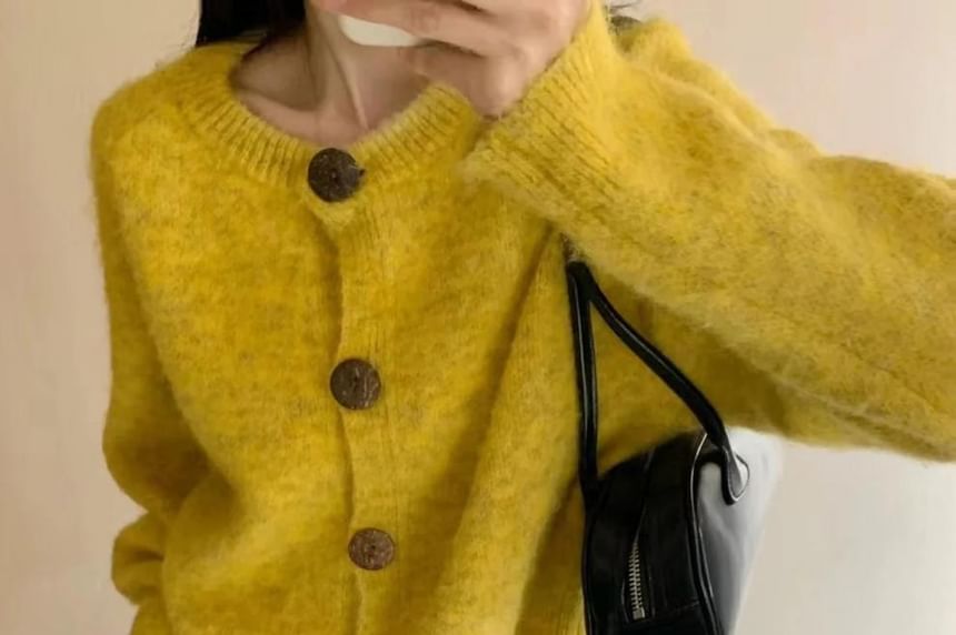 Round Neck Drop Shoulder Plain Button Up Cardigan