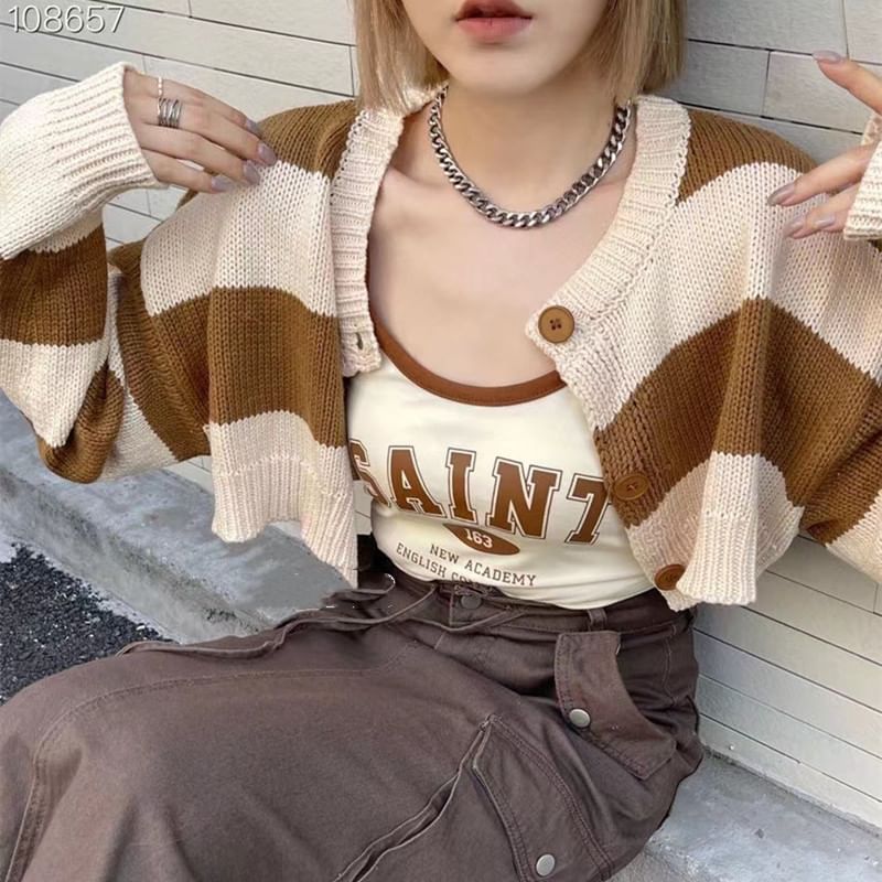 Round Neck Drop Shoulder Striped Crop Cardigan
