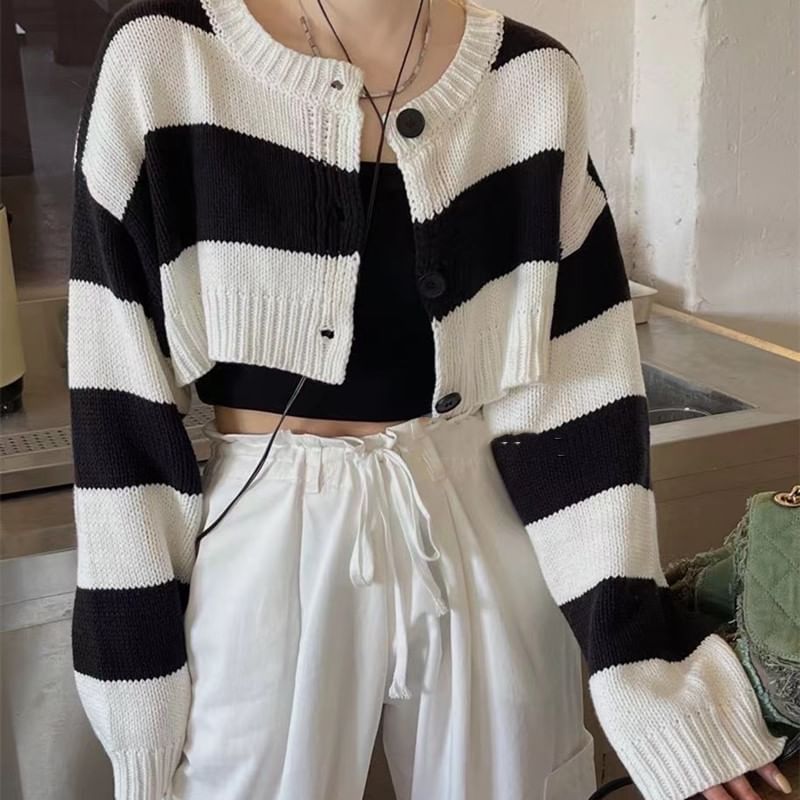 Round Neck Drop Shoulder Striped Crop Cardigan