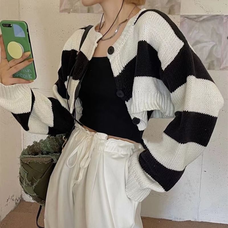 Round Neck Drop Shoulder Striped Crop Cardigan