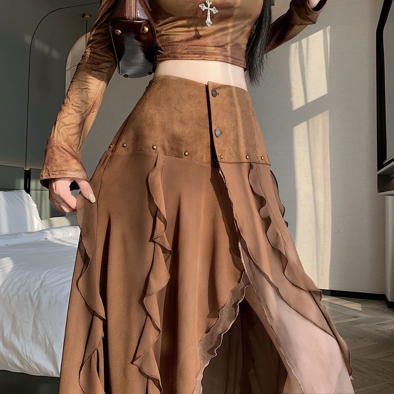 High Rise Ruffle Panel Faux Suede Midi A-Line Skirt