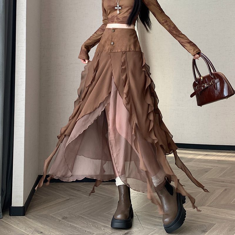 High Rise Ruffle Panel Faux Suede Midi A-Line Skirt