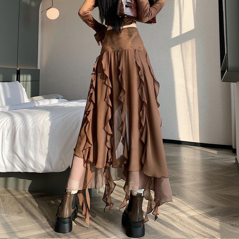 High Rise Ruffle Panel Faux Suede Midi A-Line Skirt
