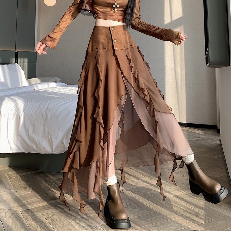 High Rise Ruffle Panel Faux Suede Midi A-Line Skirt