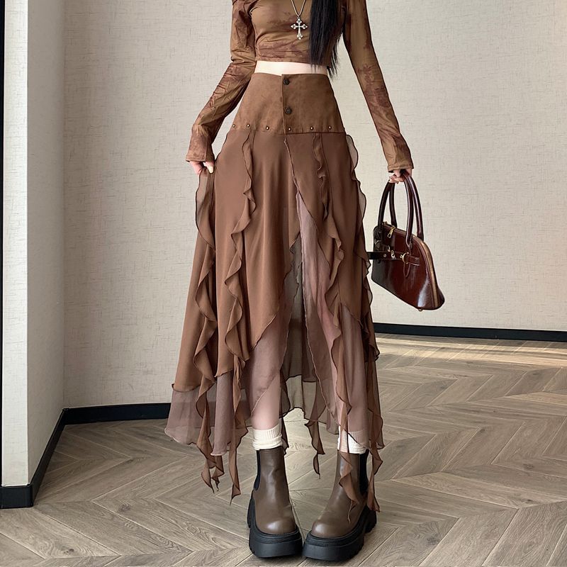 High Rise Ruffle Panel Faux Suede Midi A-Line Skirt