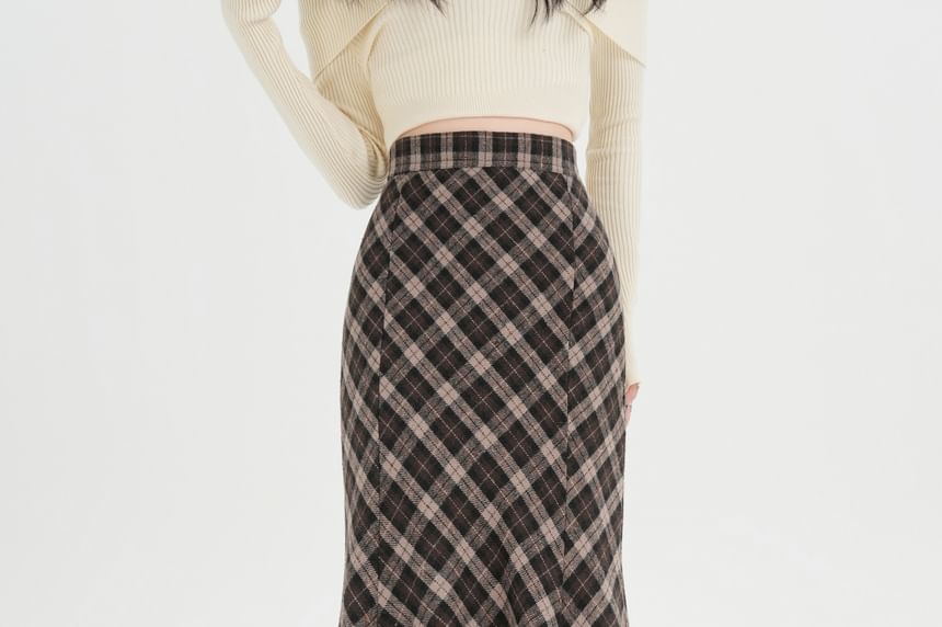 High Rise Plaid Maxi Fishtail Skirt