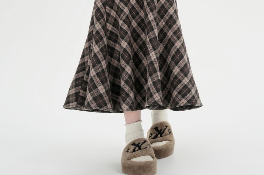High Rise Plaid Maxi Fishtail Skirt