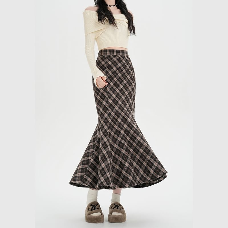 High Rise Plaid Maxi Fishtail Skirt