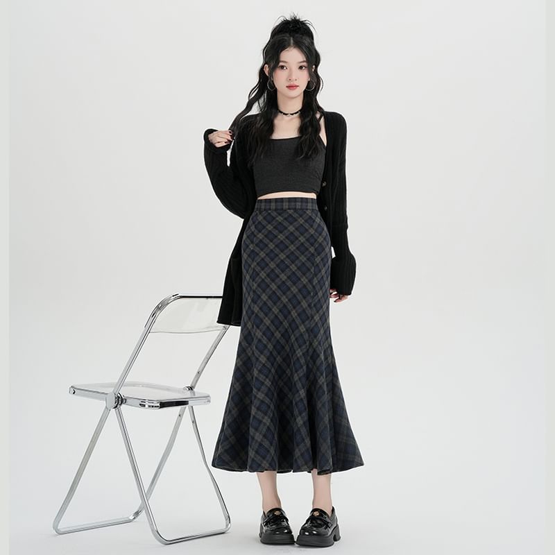 High Rise Plaid Maxi Fishtail Skirt