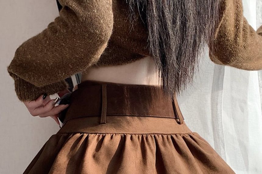 High Waist Ruffle Faux Suede Mini A-Line Skirt with Belt Set