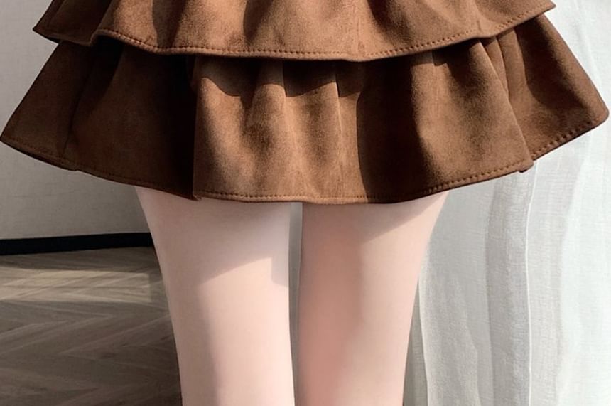 High Waist Ruffle Faux Suede Mini A-Line Skirt with Belt Set