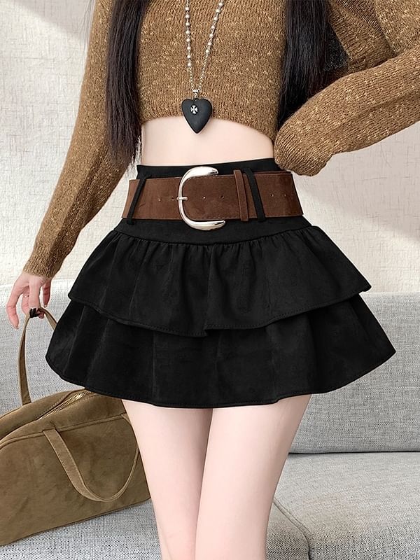 High Waist Ruffle Faux Suede Mini A-Line Skirt with Belt Set