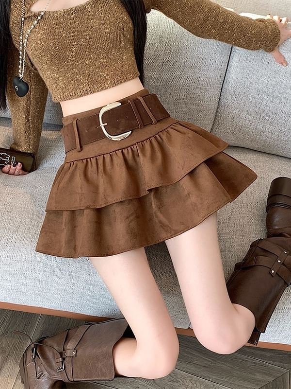 High Waist Ruffle Faux Suede Mini A-Line Skirt with Belt Set